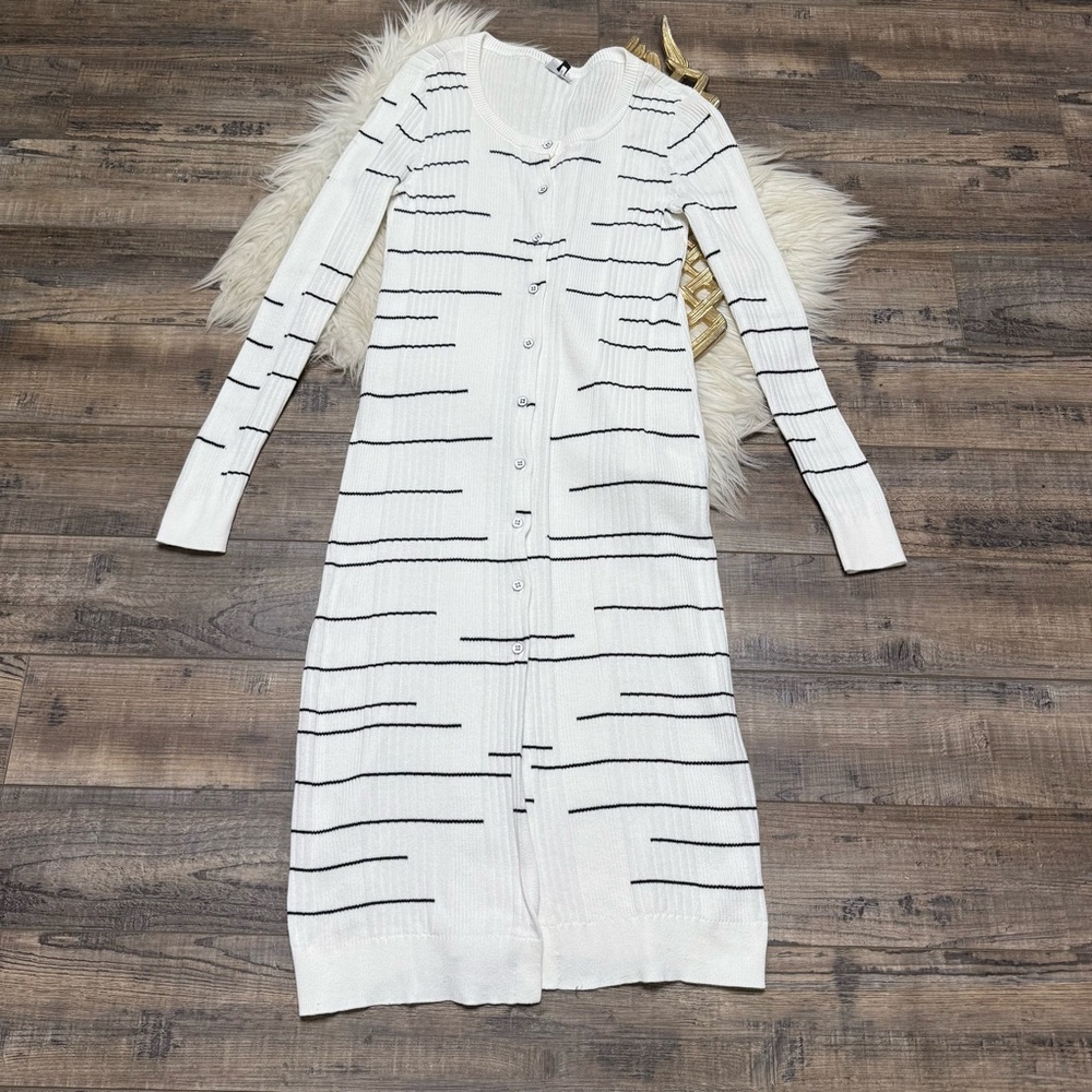 CAbi Dashes White Black Striped Cardigan Longline Duster  5638